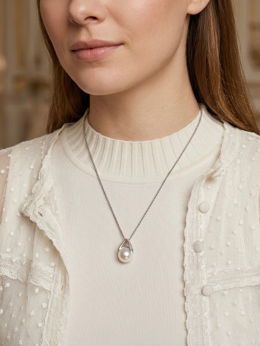 Freshwater pearl pendant on fine chain, teardrop pearl in teardrop setting