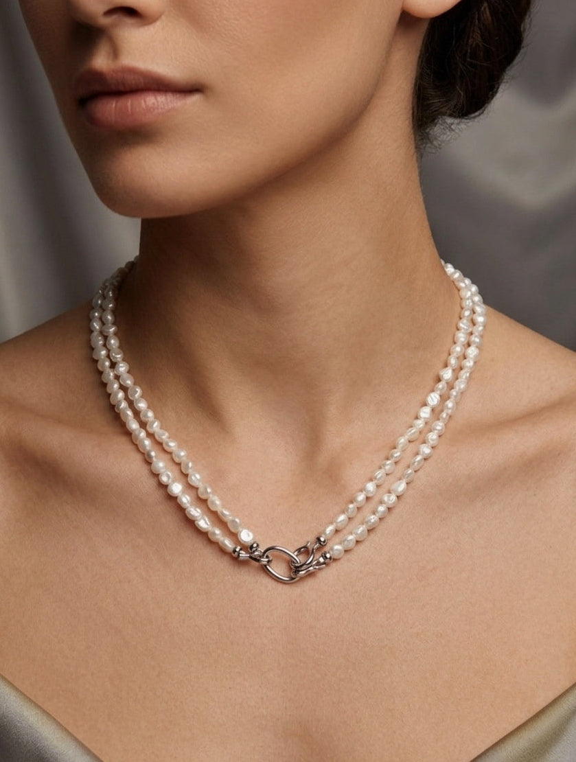 Keshi pearl beaded necklace with double strands and heart-shaped silver clasp