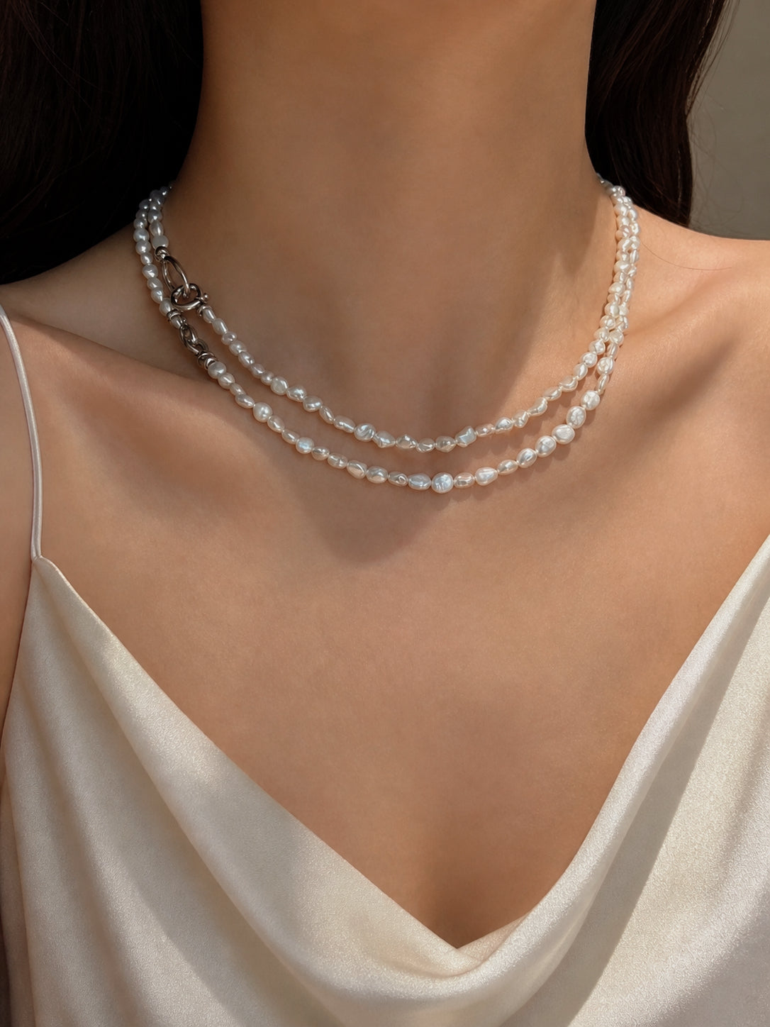 Keshi pearl beaded necklace with closely spaced double rows at the neckline