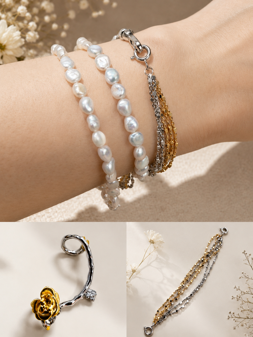 Gold and silver beaded dual clasp extender chain bracelet with metal ring clasp