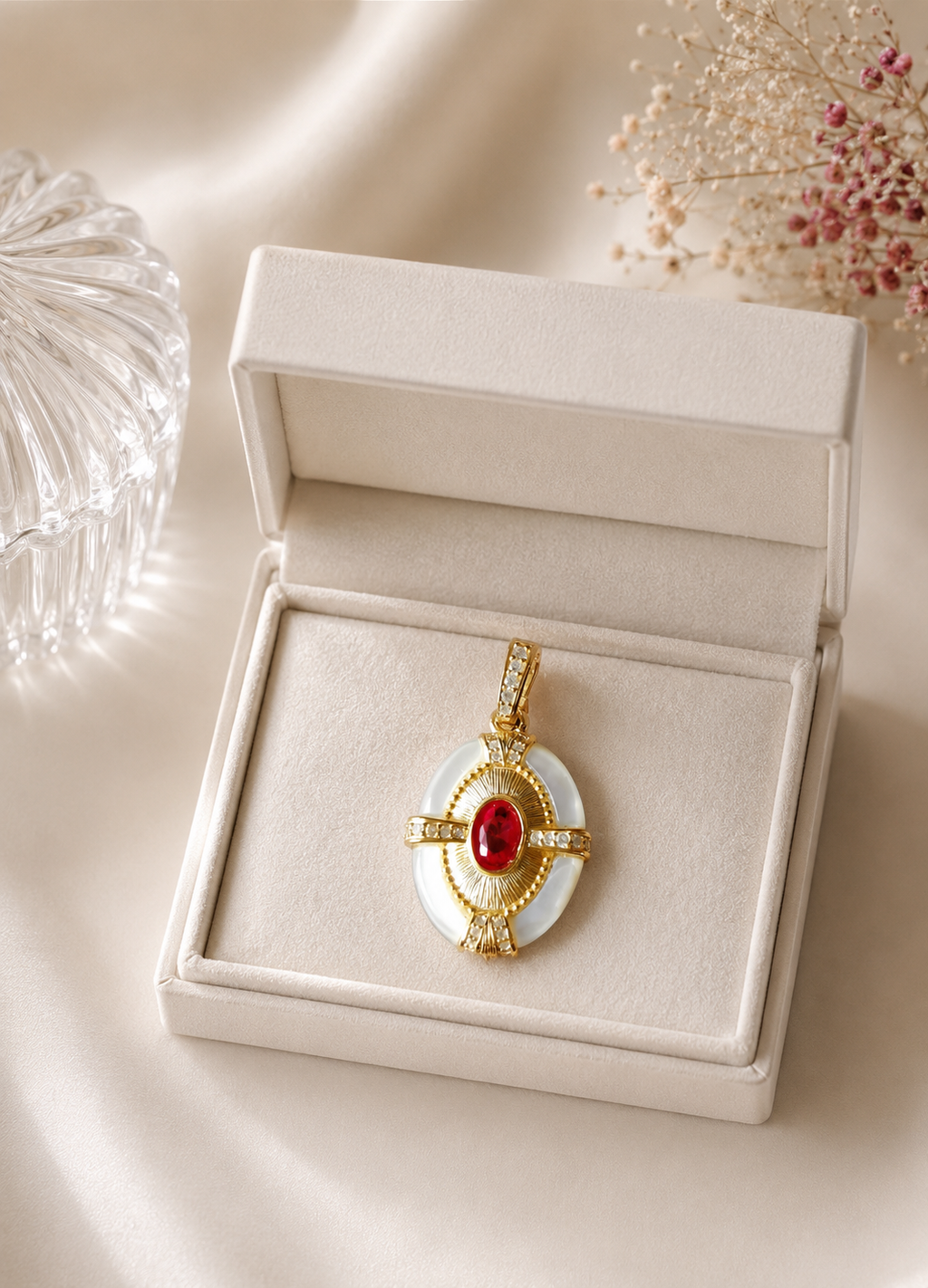 Detachable pendant in gold with red oval stone and mother-of-pearl border, open box