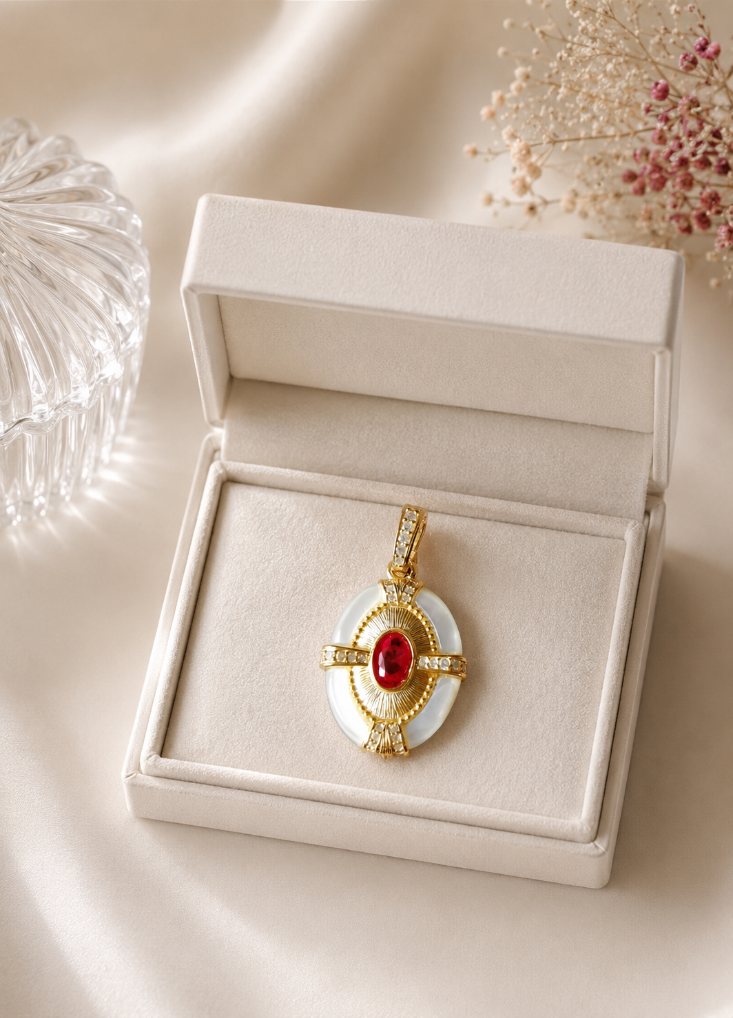 Detachable pendant in gold with red oval stone and mother-of-pearl border, open box