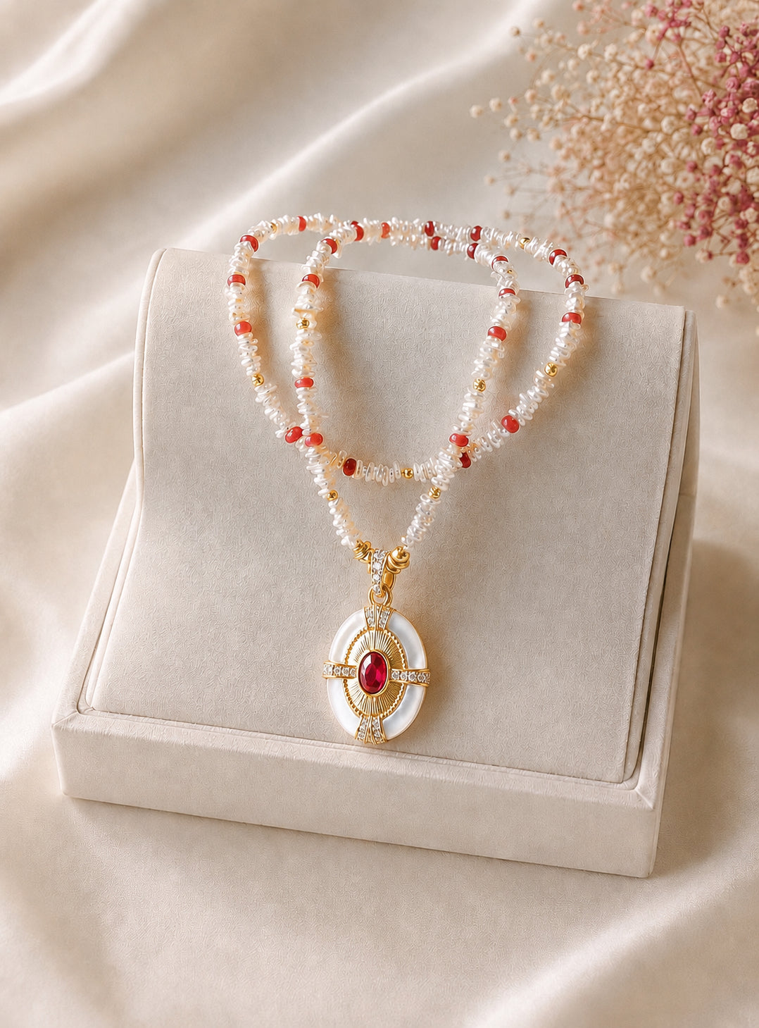 Beaded necklace with white and red beads and gold oval pendant on display box