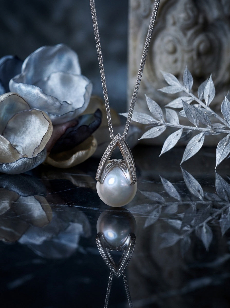 Freshwater pearl pendant with teardrop pearl and pavé-style metal accents on chain