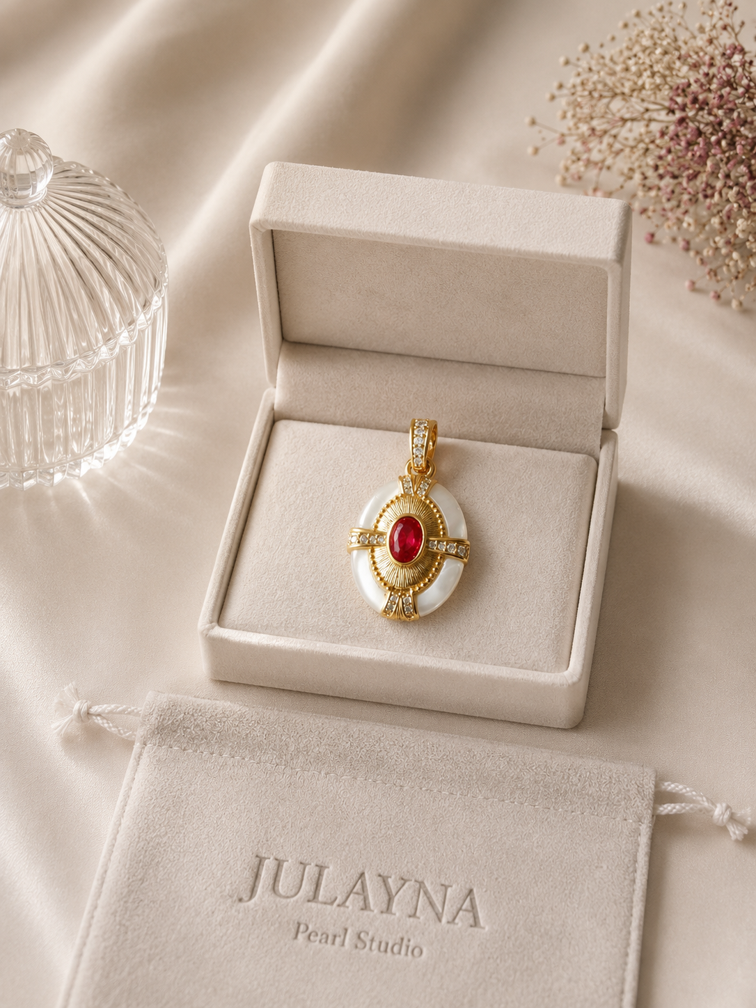 Detachable pendant with red center stone and mother-of-pearl accents on JULAYNA pouch