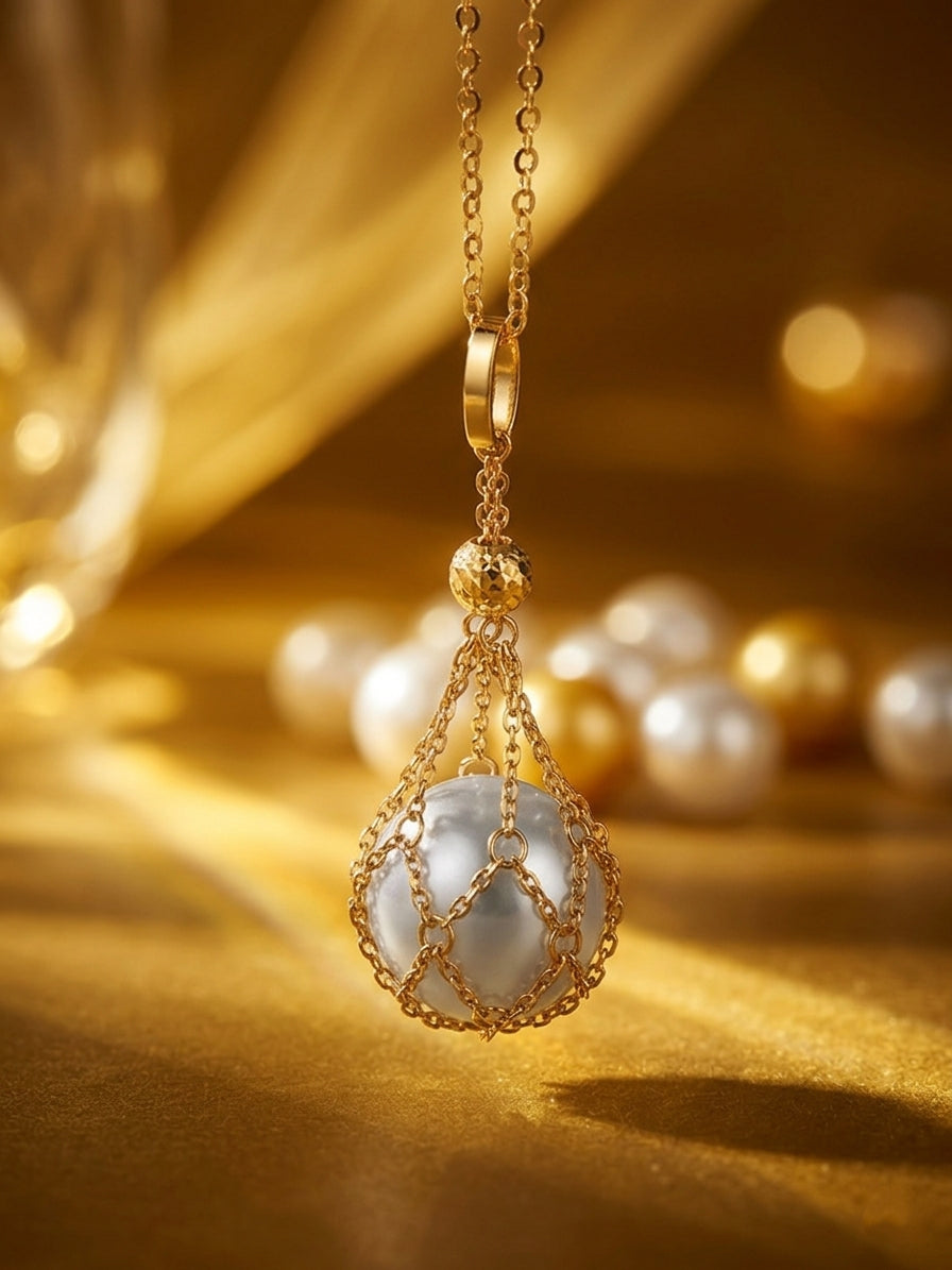 18k gold net pendant necklace with dangling saltwater pearl charm