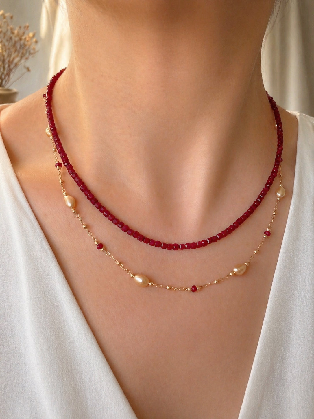 Ruby square-cut bead necklace, layered red stones with gold-toned accent chain