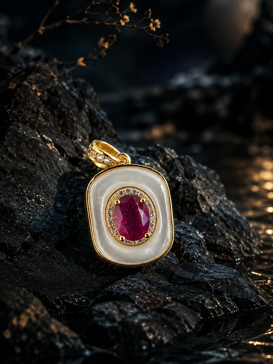 Oval mother-of-pearl pendant with faceted ruby center stone in gold-tone setting