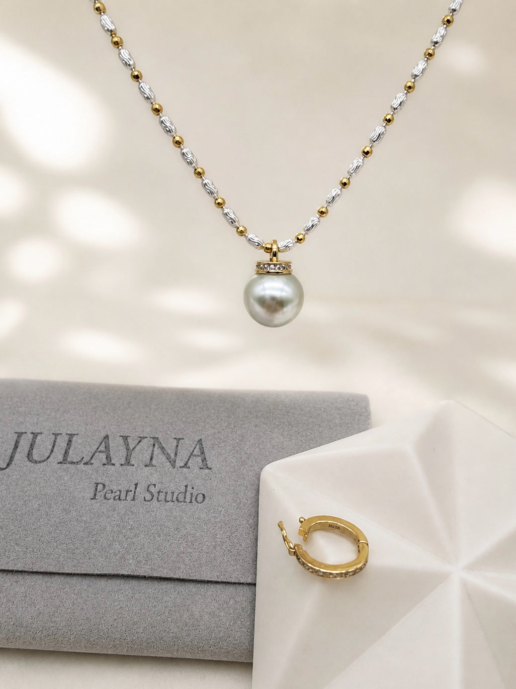 Gold-tone South Sea pearl pendant with bead chain and pavé cap