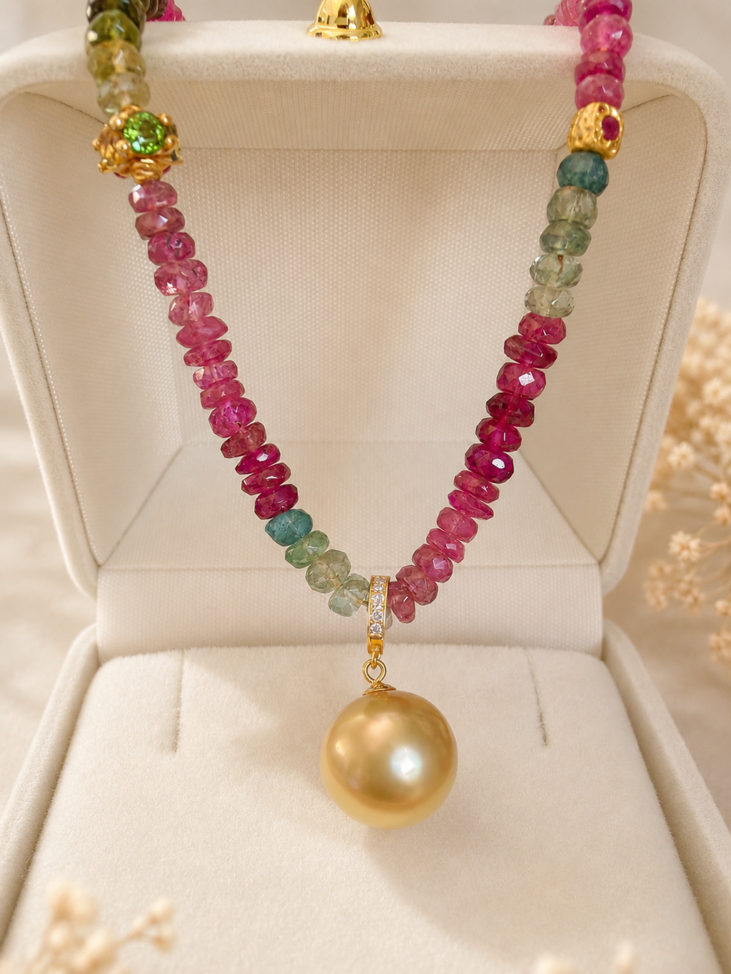 Gold pearl pendant necklace with multi-color gemstone beaded sections
