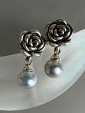 Sterling silver rose earrings with dangling gray-blue teardrop pearls