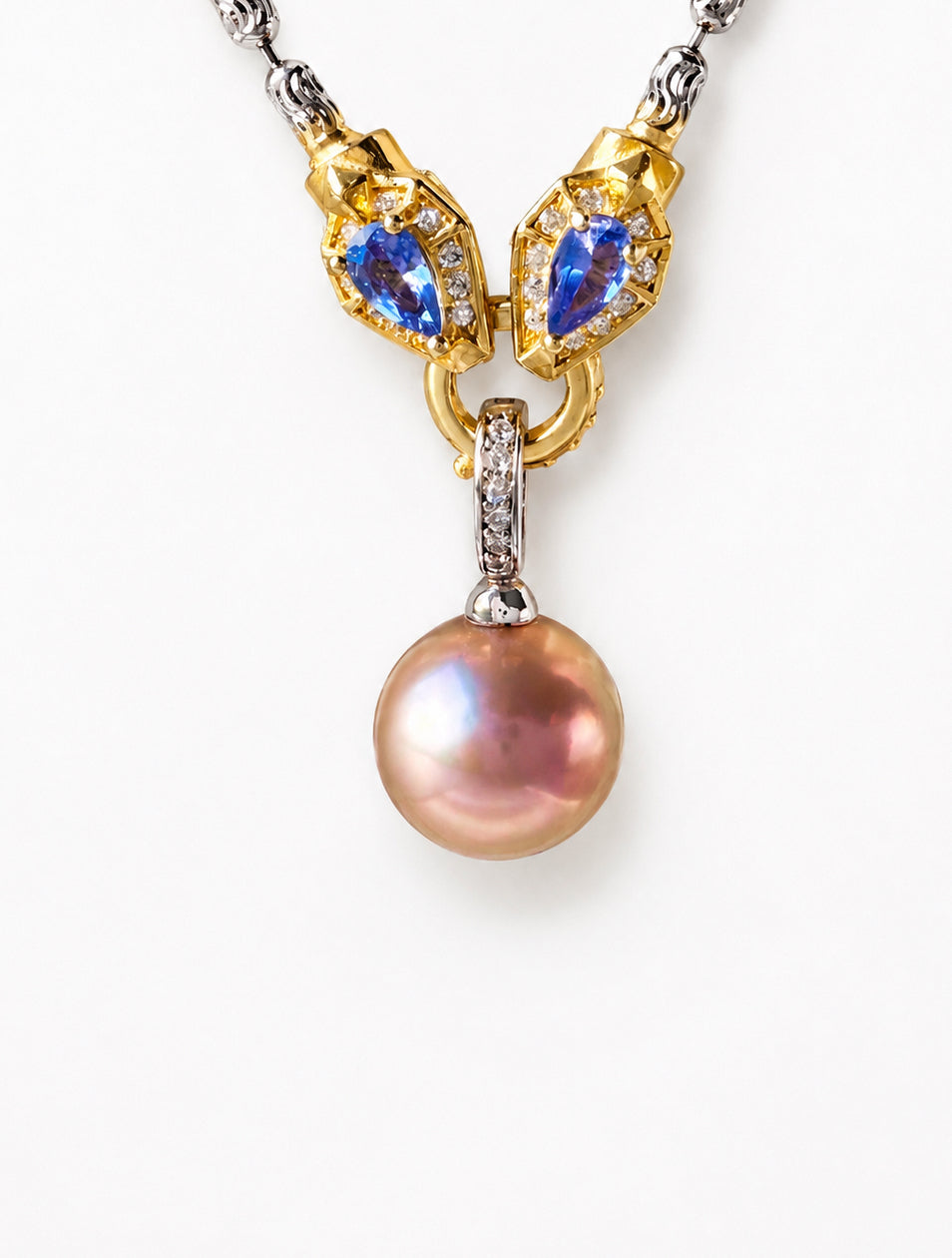 Detachable gold pendant with pink pearl and blue and clear stone inlay