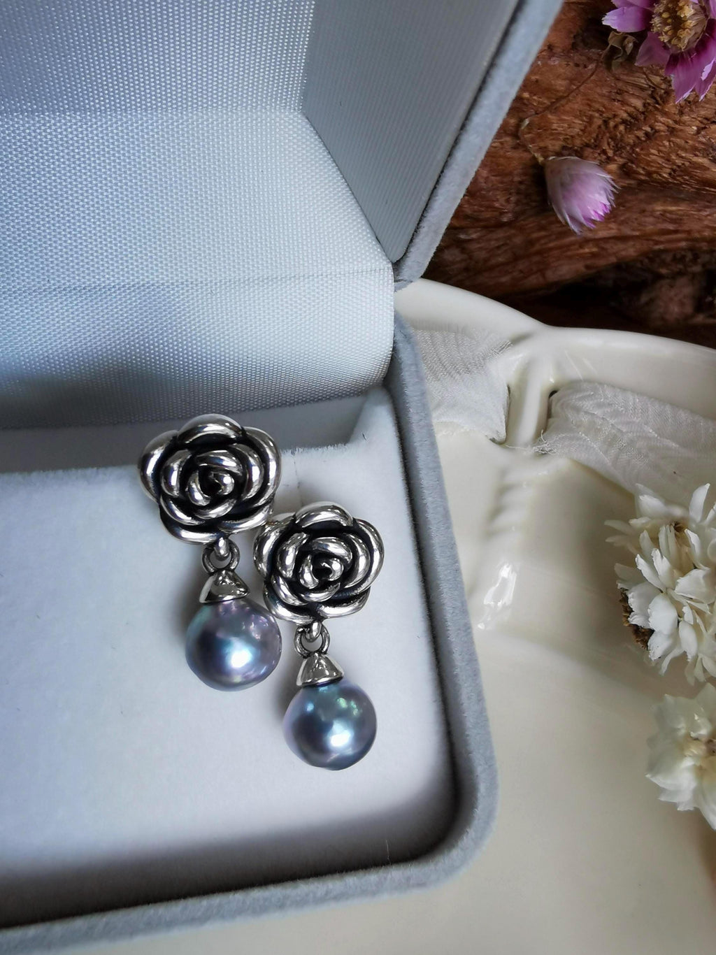Rose dangle earrings with silver hooks and matching pearl drop ornaments