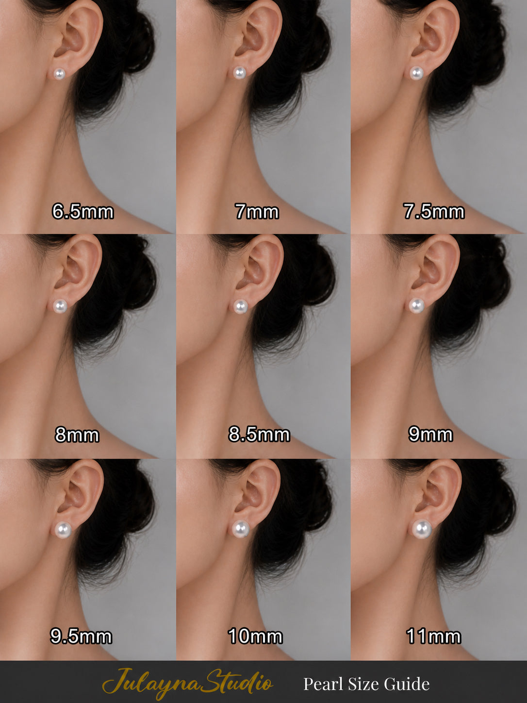 Pearl size guide on model: multiple gray pearl earring sizes, 6.5–11mm