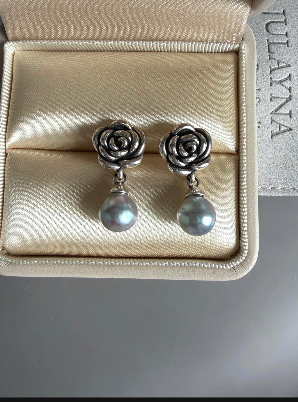 Sterling silver rose earrings with gray-blue teardrop pearls in gift box