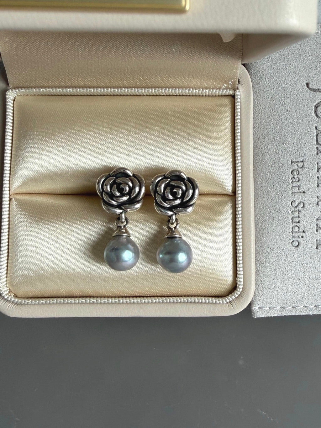 Sterling silver rose drop earrings with gray-blue teardrop pearls in box