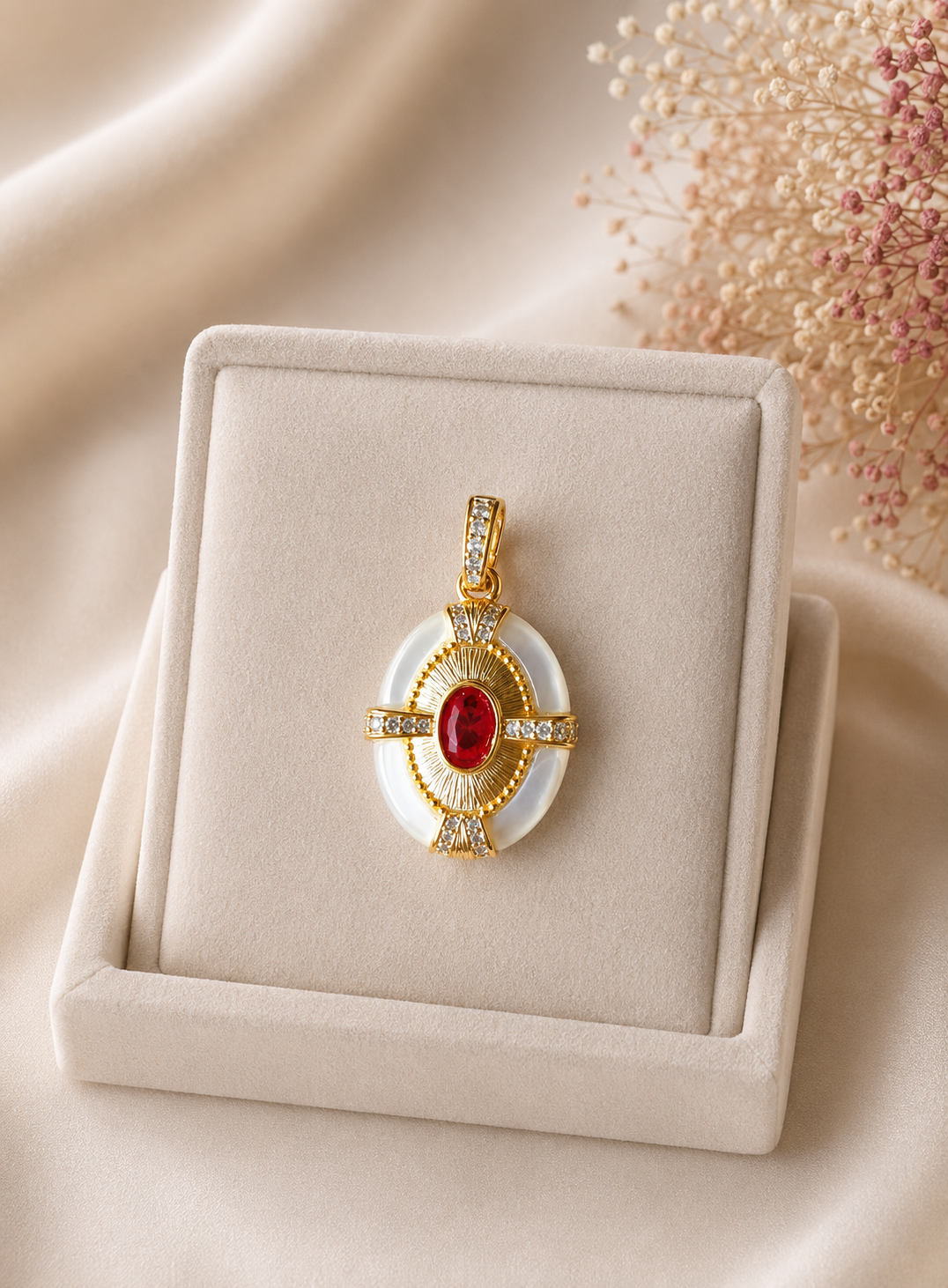 Detachable pendant with red oval center, white mother-of-pearl in gold setting