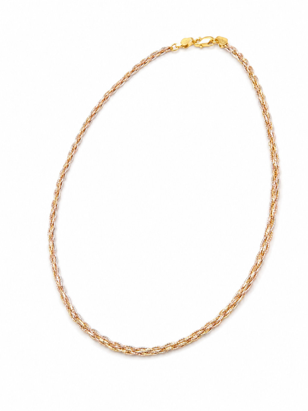 Three-tone braided gold necklace with clasp at top