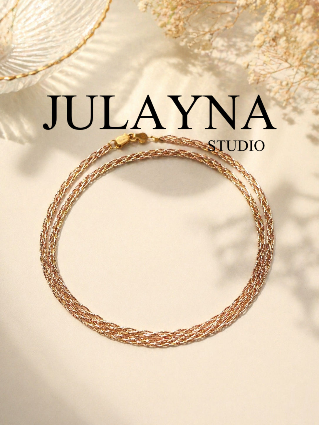 Three-tone gold braided necklace with S925 chain, close-up round loop