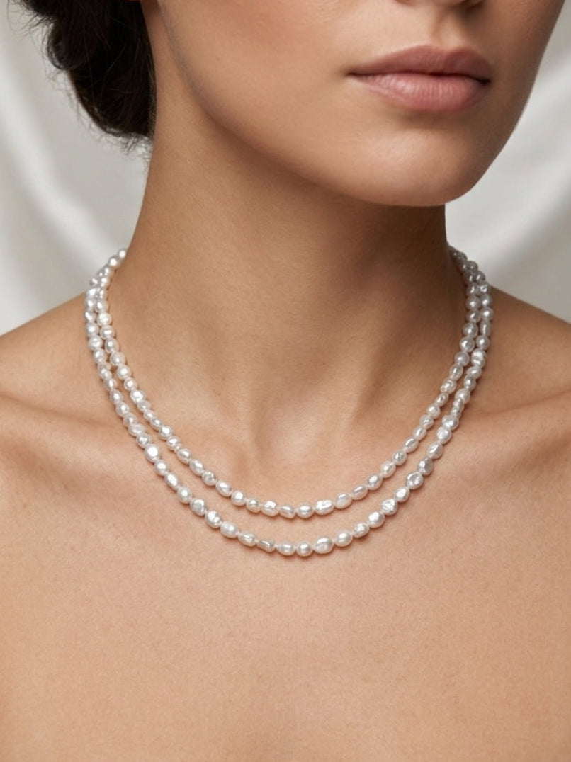 Natural keshi pearl beaded necklace with double rows and silver-toned clasp