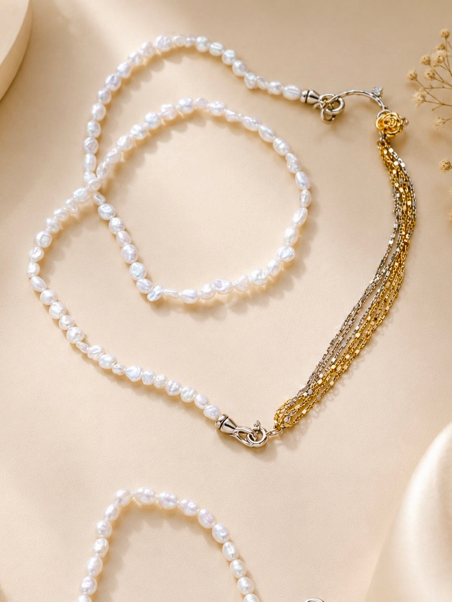 White pearl and gold beaded dual clasp extender chain necklace with ring closure