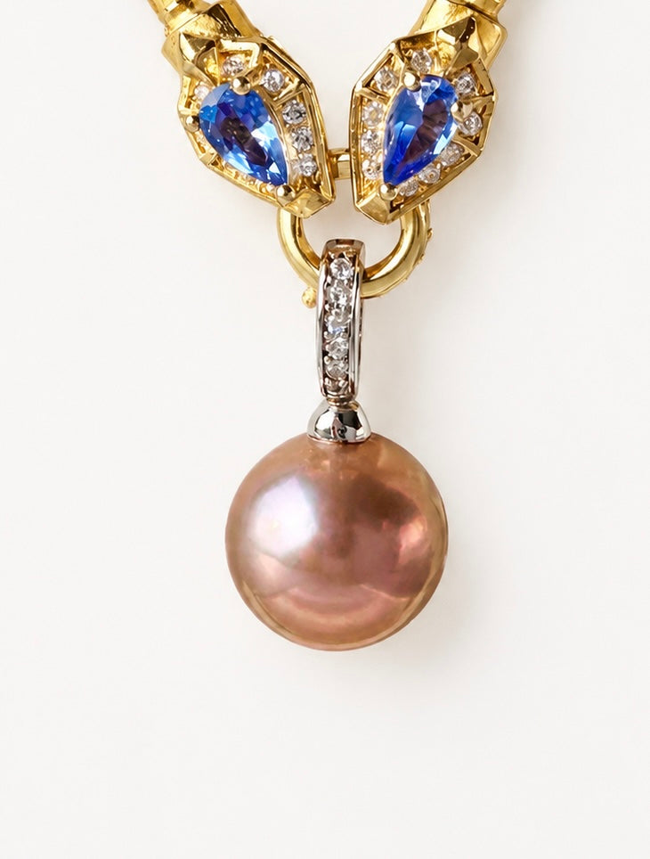 Detachable gold pendant with pink pearl, blue teardrop stones, and crystal accents