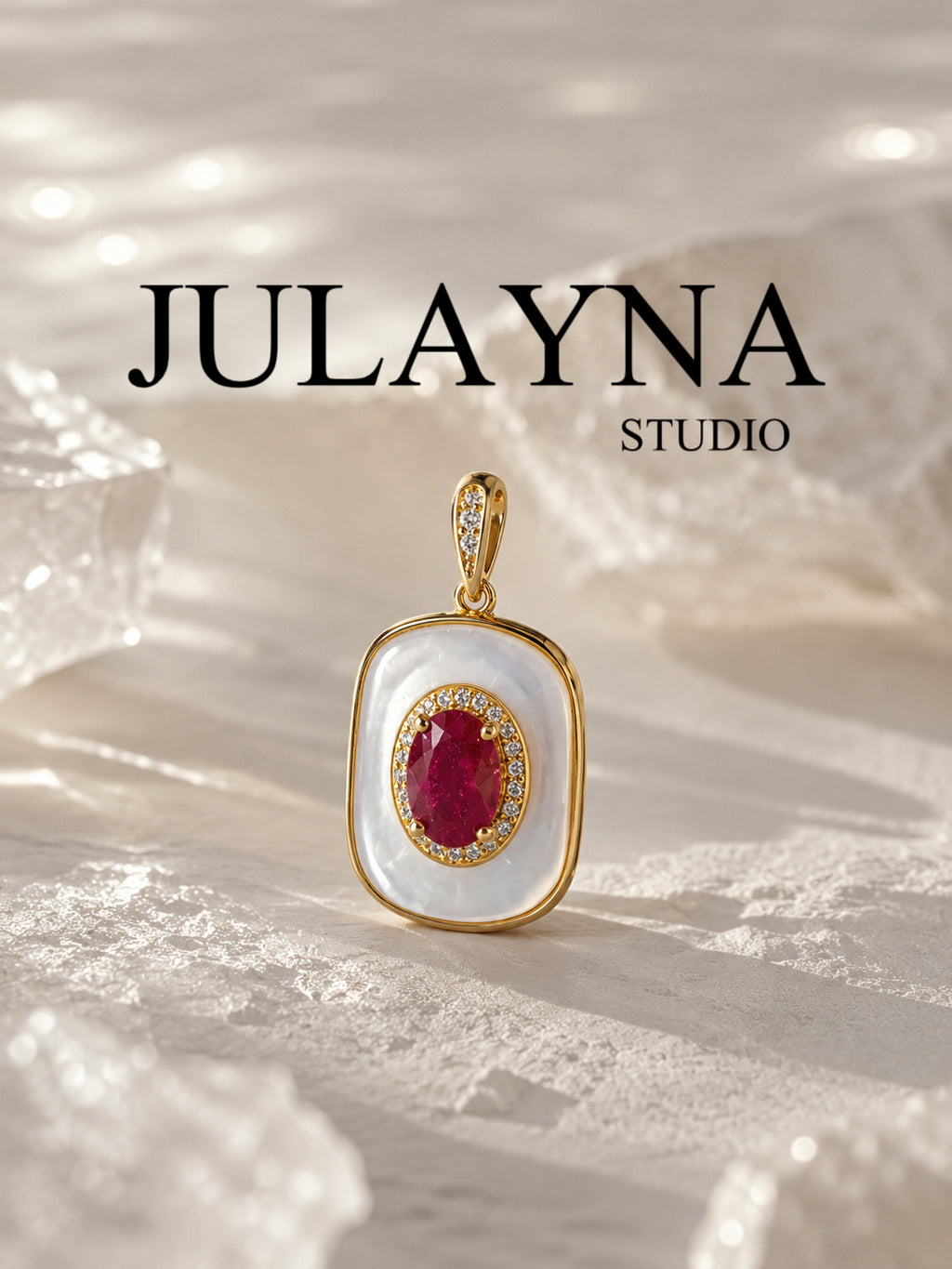 Gold-tone mother-of-pearl pendant with ruby oval stone and small hoop bail