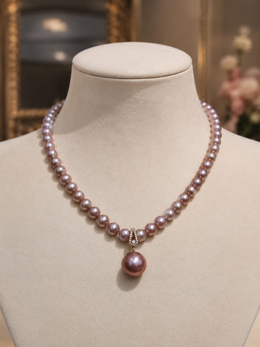 Purple pearl bead necklace with gold accents and matching pearl pendant drop