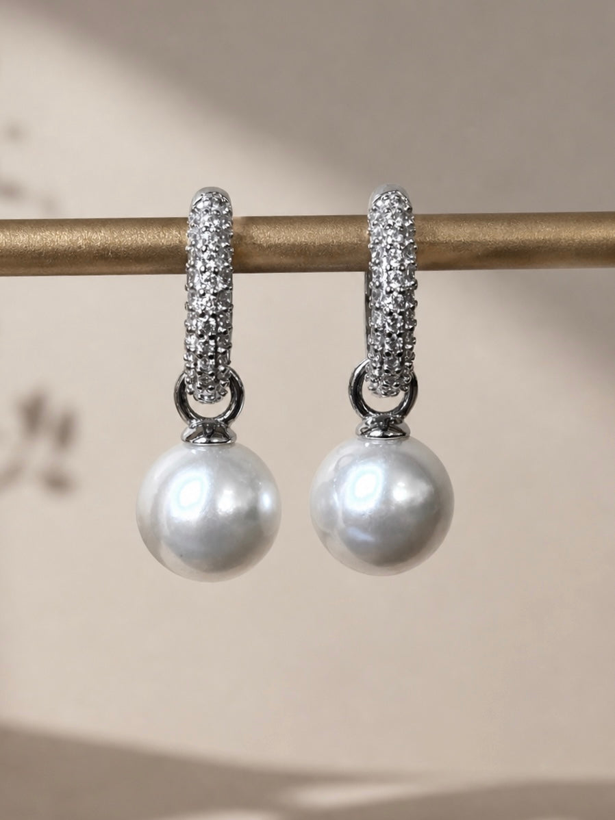 Silver hoop lock earrings with pavé hoops and round pearl dangles