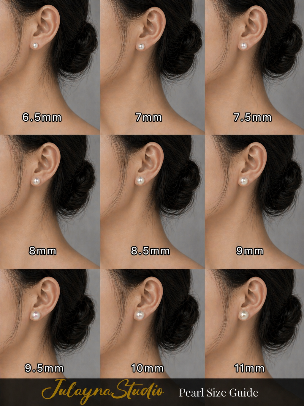 Long threader pearl earrings on ear, shown with size guide labels