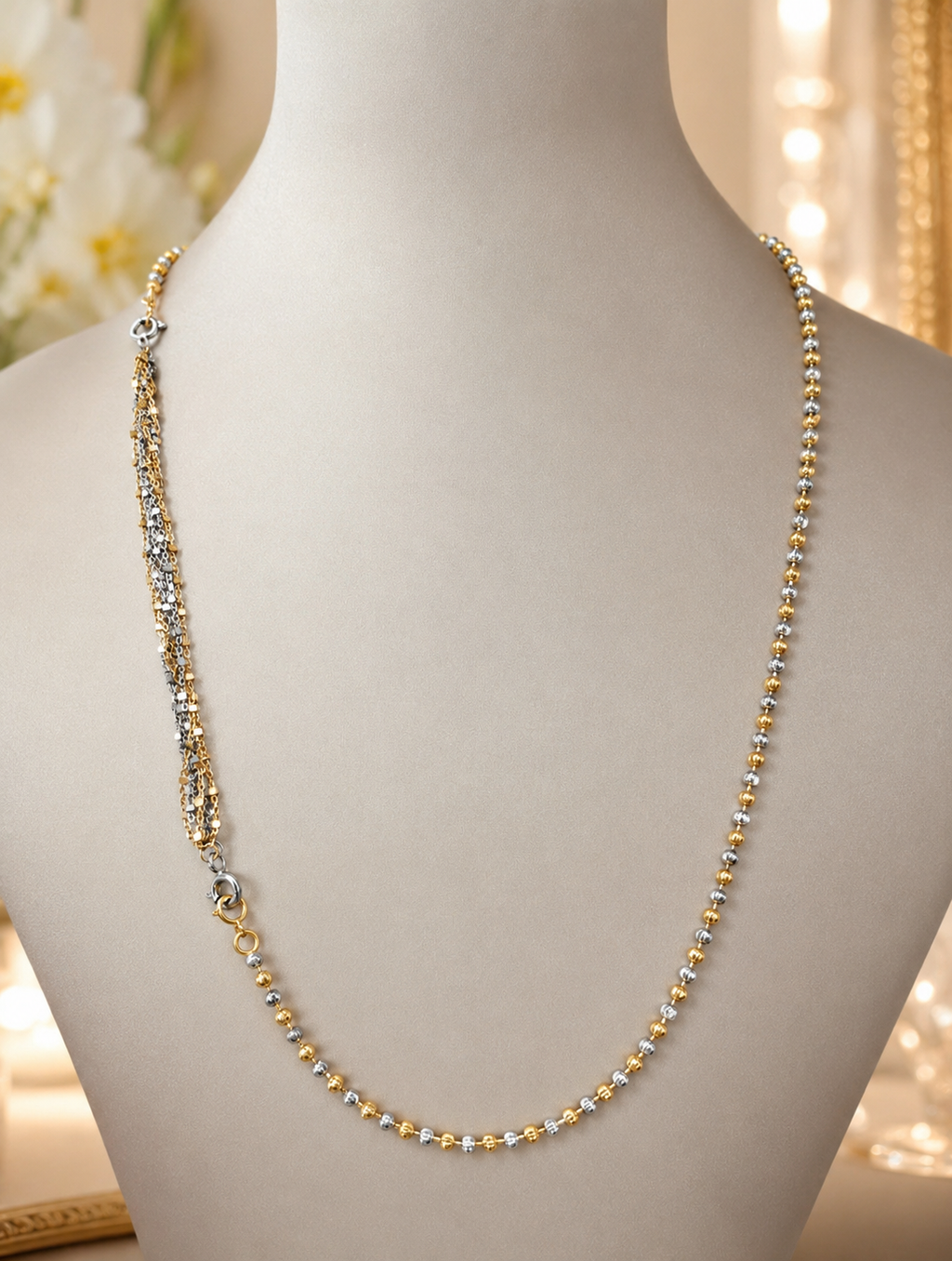 Long gold and silver beaded extender chain necklace with small round clasp links