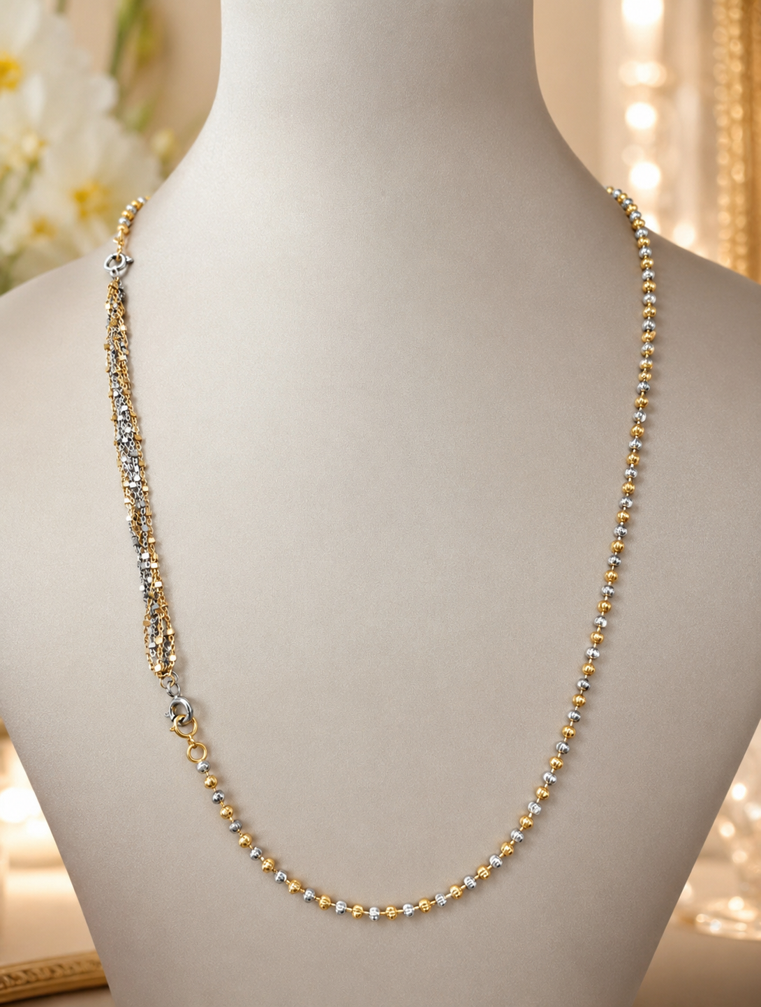 Long gold and silver beaded extender chain necklace with small round clasp links