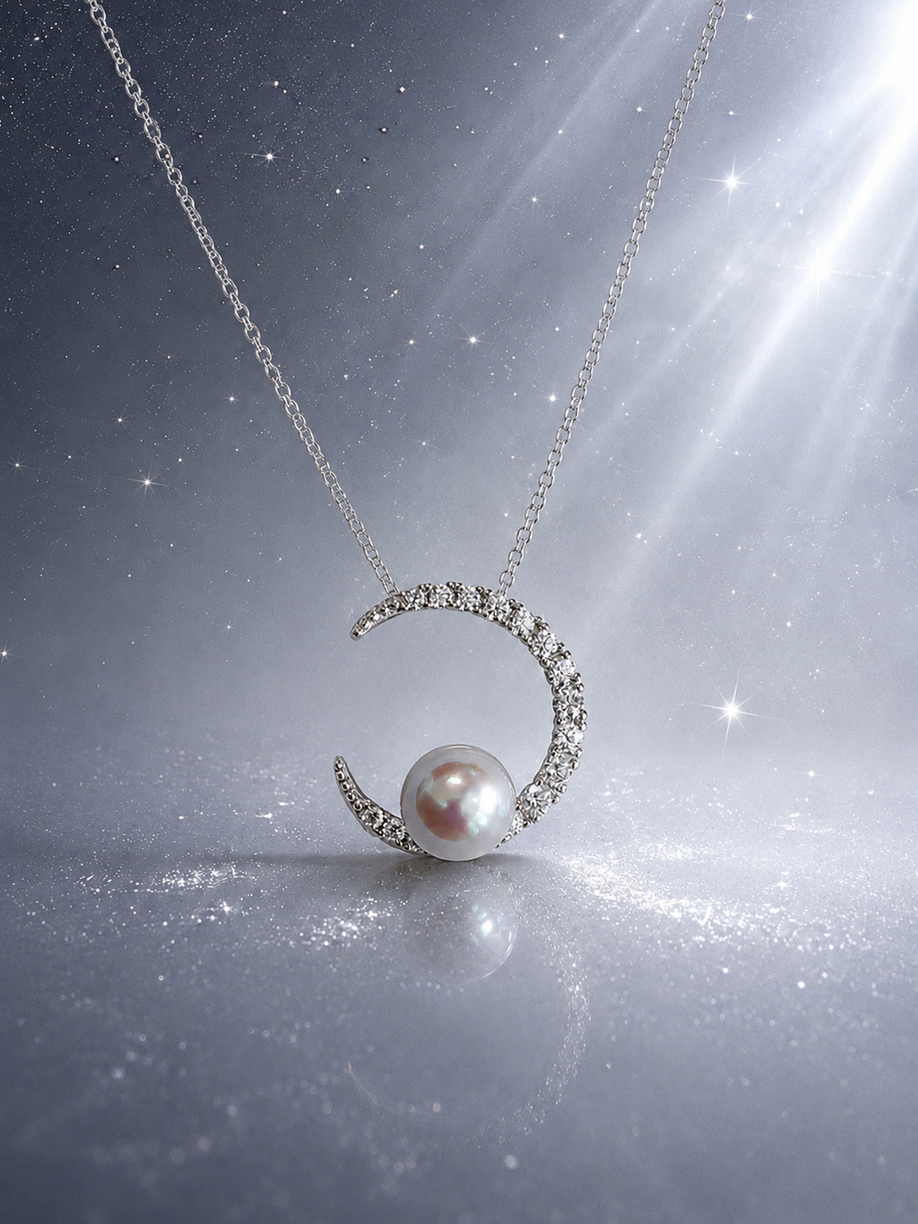 Silver crescent pendant with round pearl centerpiece and pavé stones on chain