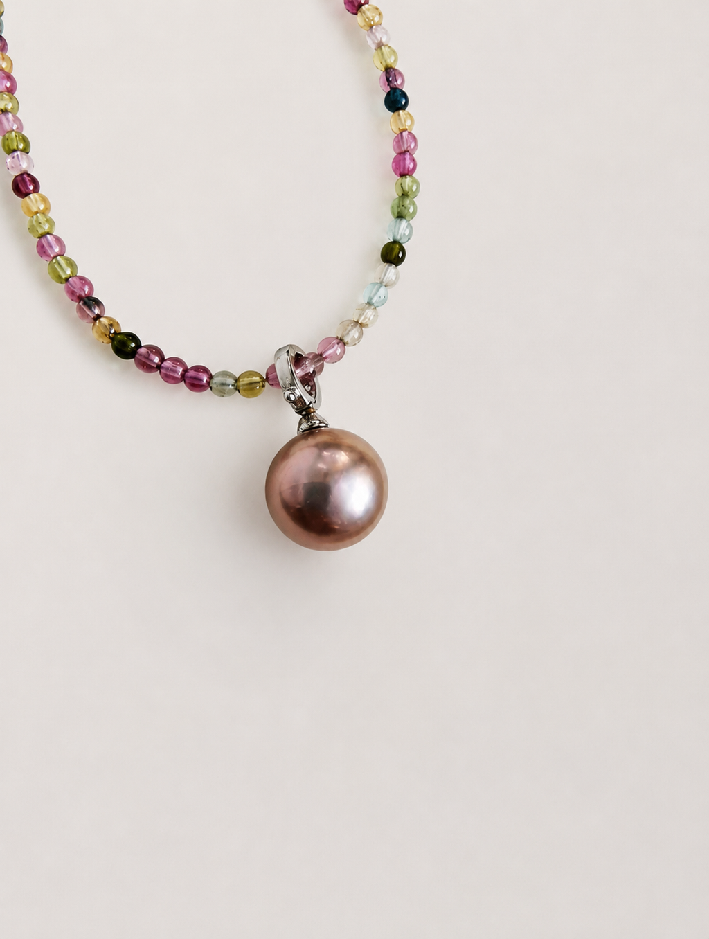 Rainbow beaded necklace with multicolor beads and pink round pearl pendant