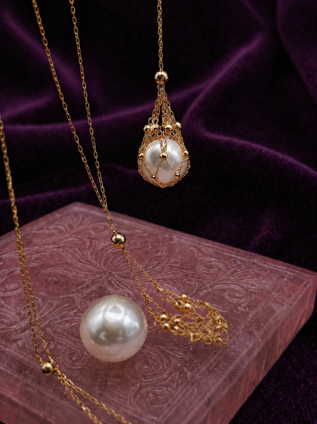 Gold-toned necklace with oval pearl drop pendant on a fine chain