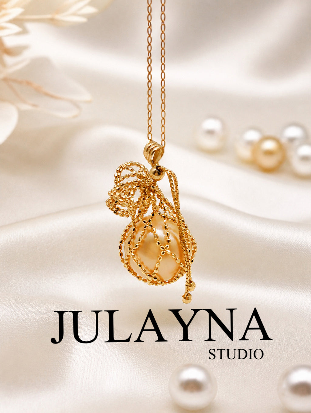 18K solid gold net pouch pendant with golden South Sea pearl on gold chain