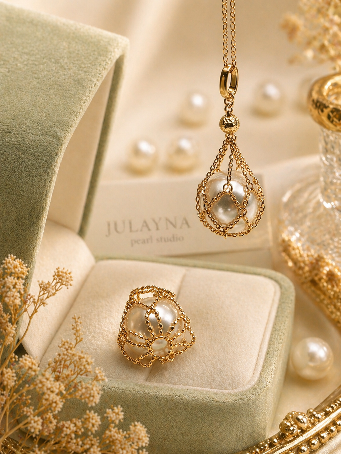 18k gold net pendant necklace with saltwater pearl, teardrop frame