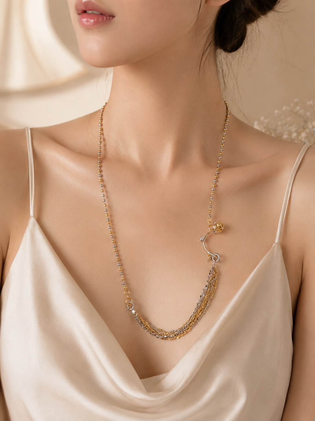 Gold and silver bead extender chain necklace with small round clasp links