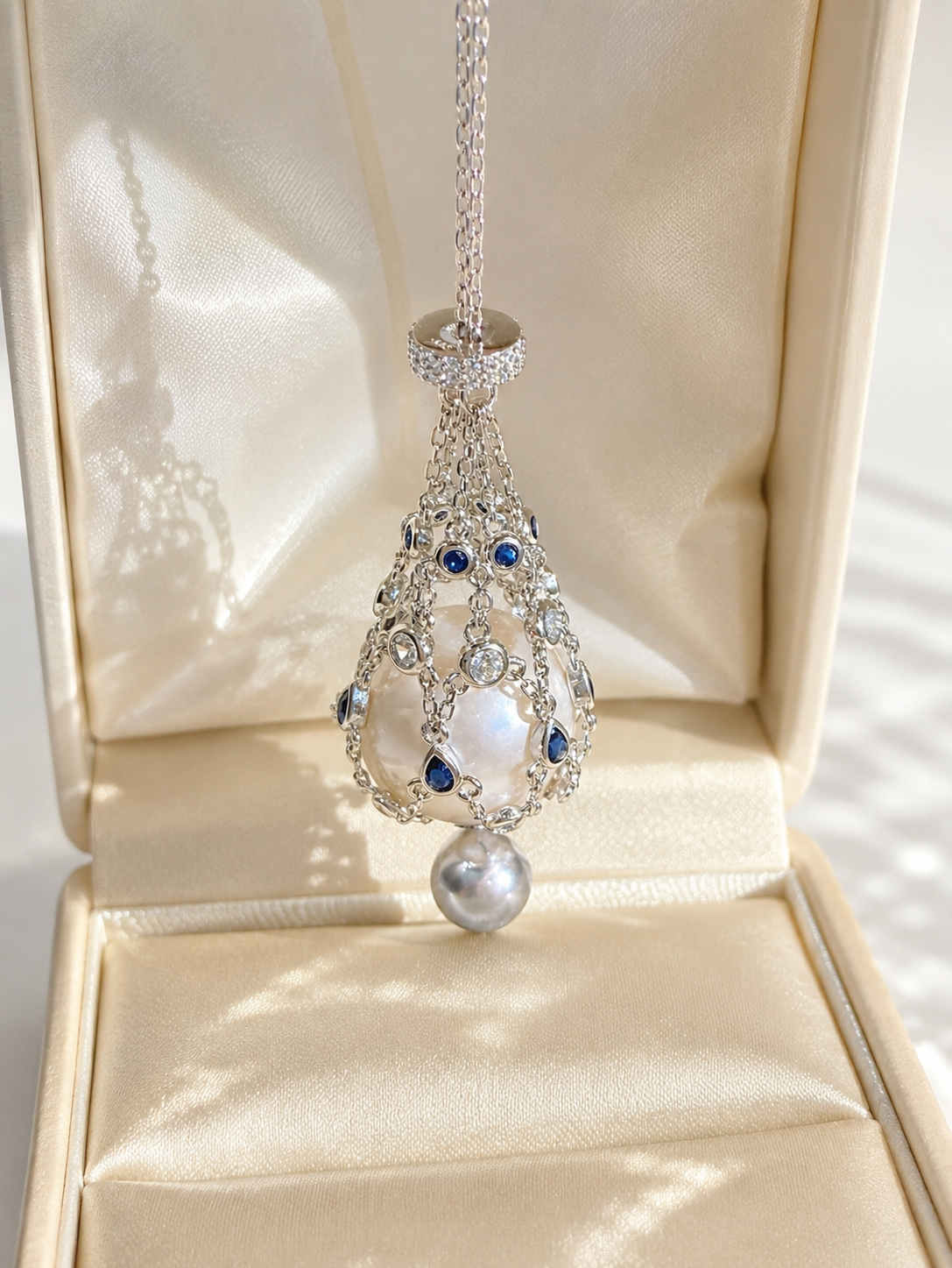 Openwork teardrop pendant necklace with blue stones and a single round pearl below