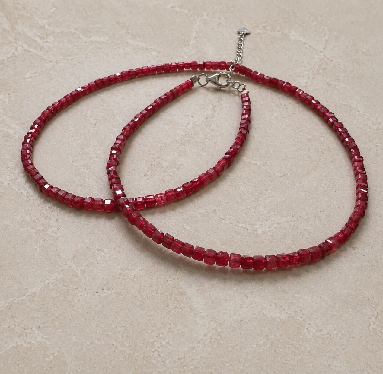 Ruby square-cut bead necklace with silver clasp and extension chain