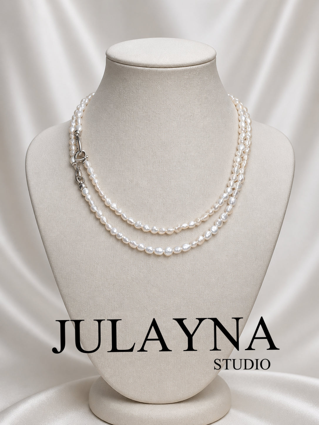 Keshi pearl beaded necklace on mannequin with JULAYNA STUDIO branding