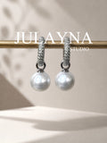 Silver hoop lock earrings with pavé charms and round pearl dangles