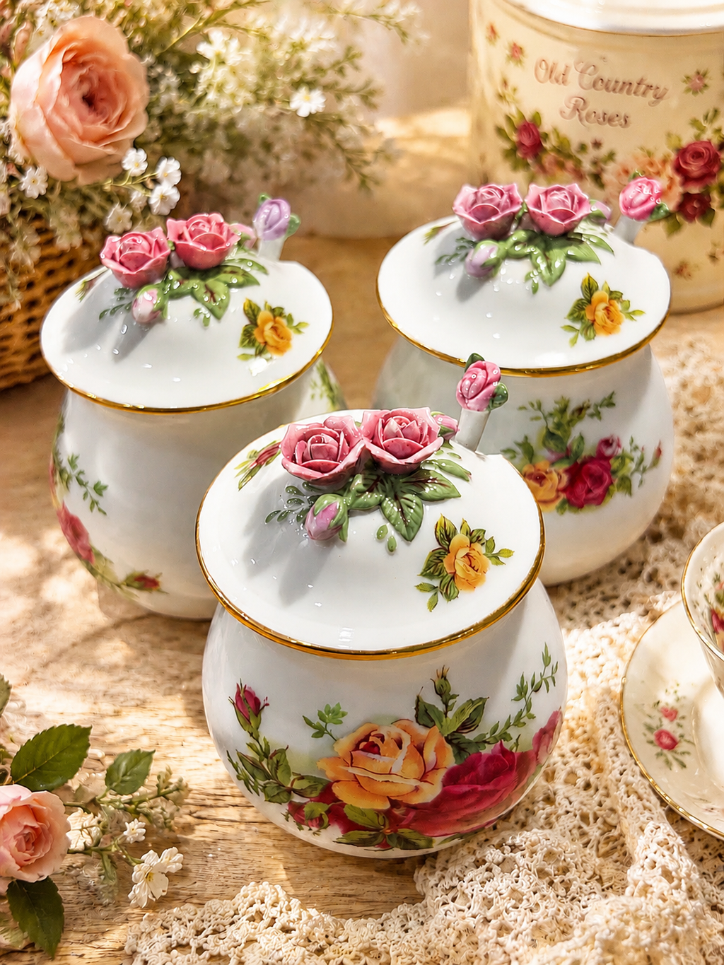 Porcelain sugar and salt jar set with floral rose lids, gold trim and white bases