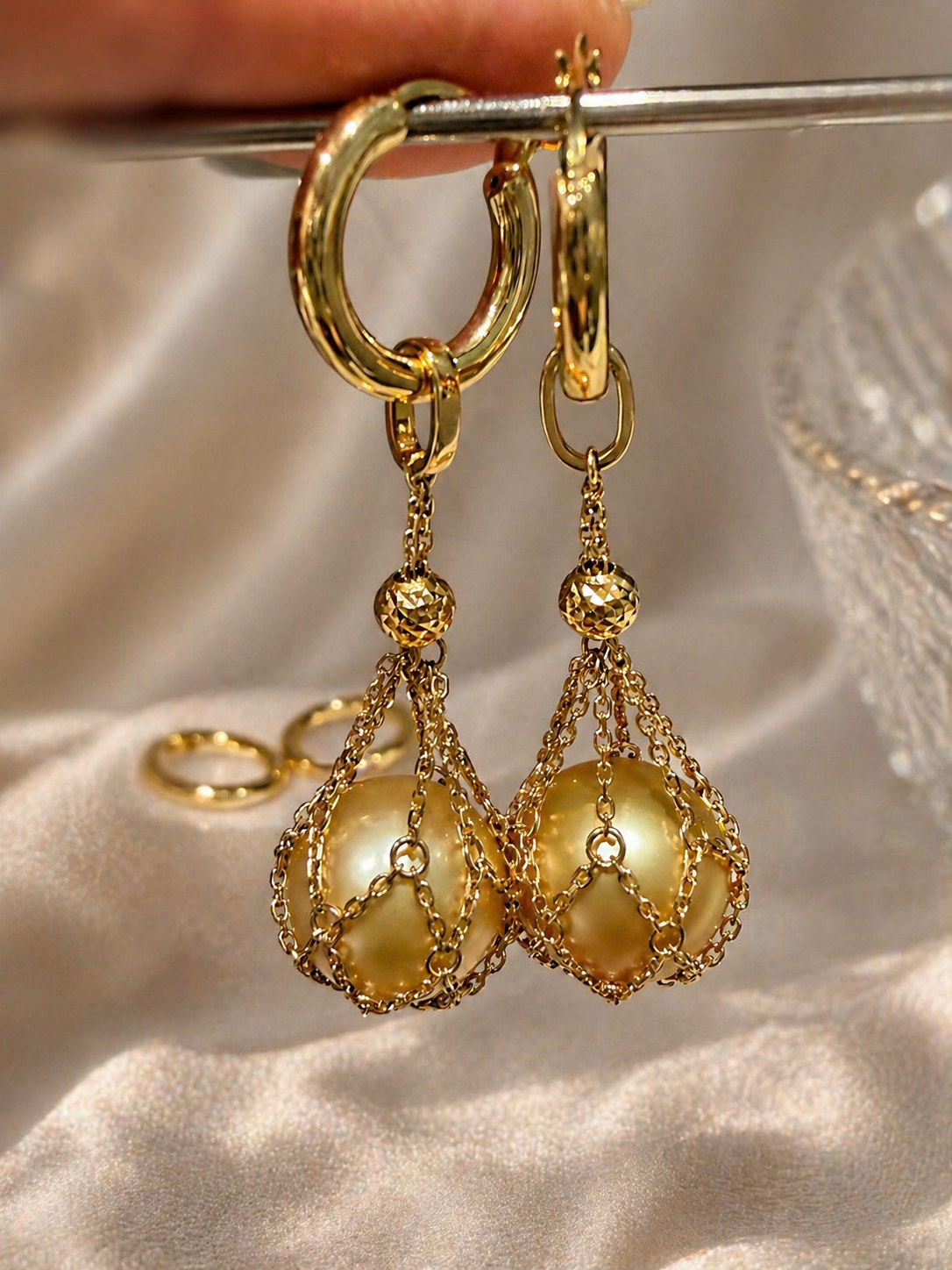 18k gold net pendant earrings with saltwater pearl dangle and hoop