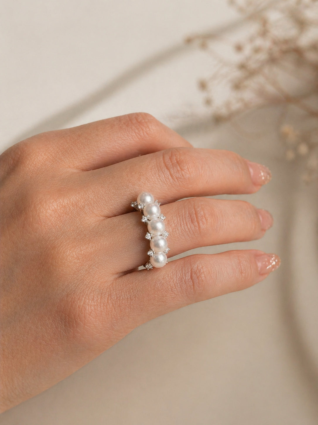 Silver adjustable ring with white freshwater pearls and crystal cluster detail