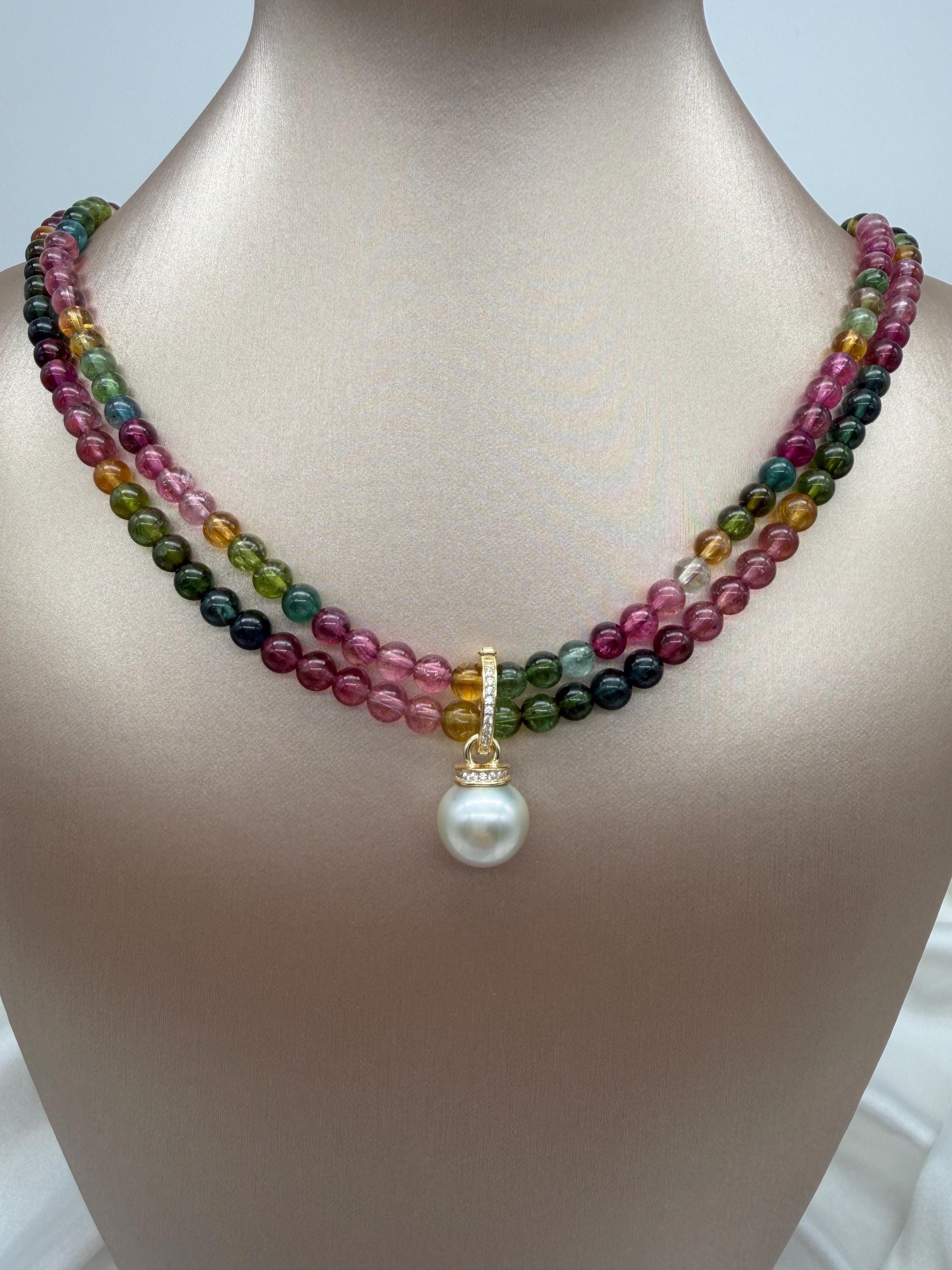 Color bead necklace with gold South Sea pearl pendant and gemstone bail