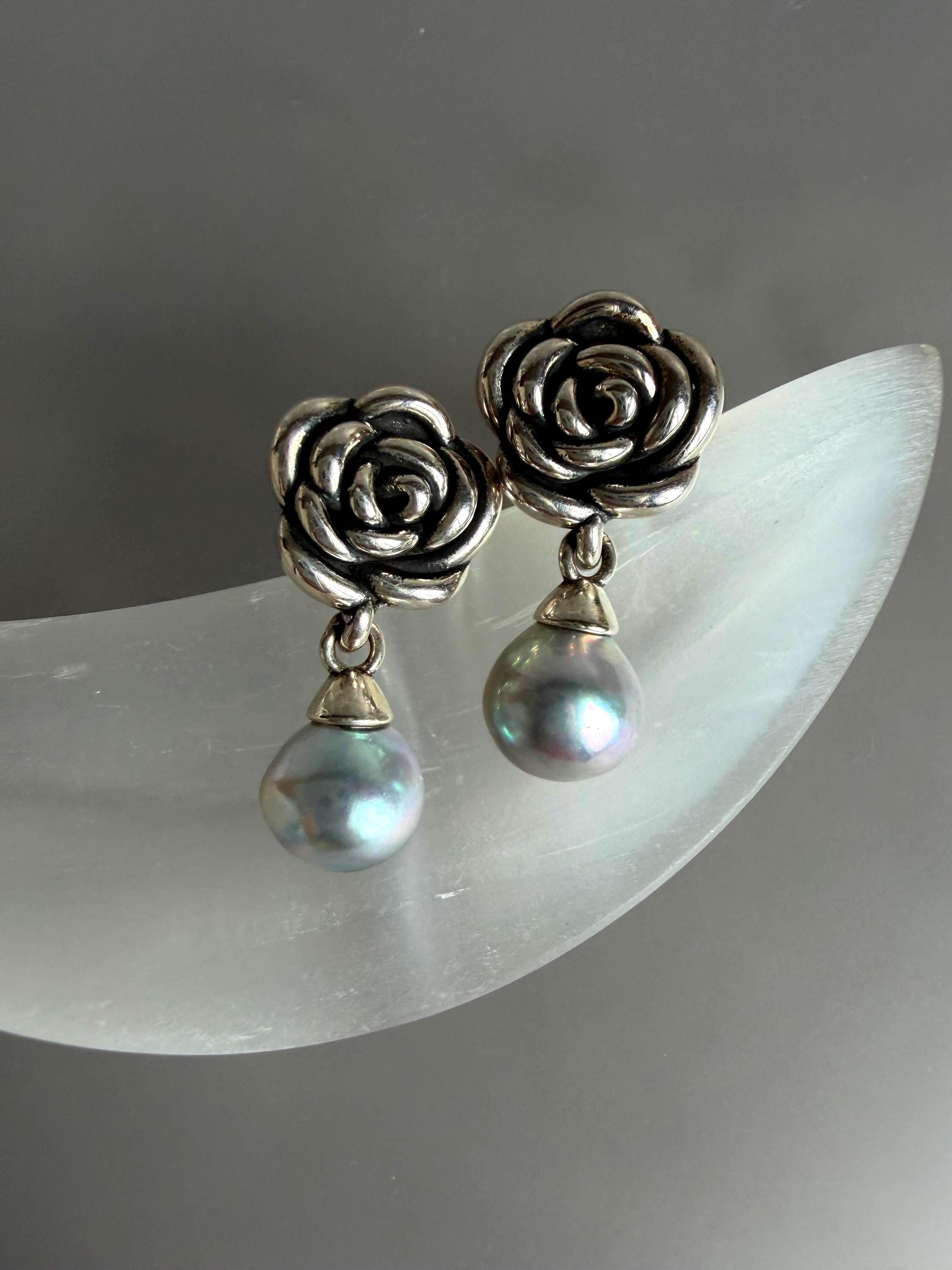 Silver rose earrings with two pearl drop charms and hanging loops