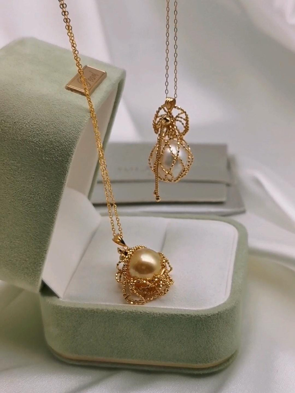 18K solid gold net pouch pendant with golden South Sea pearl on gold chain