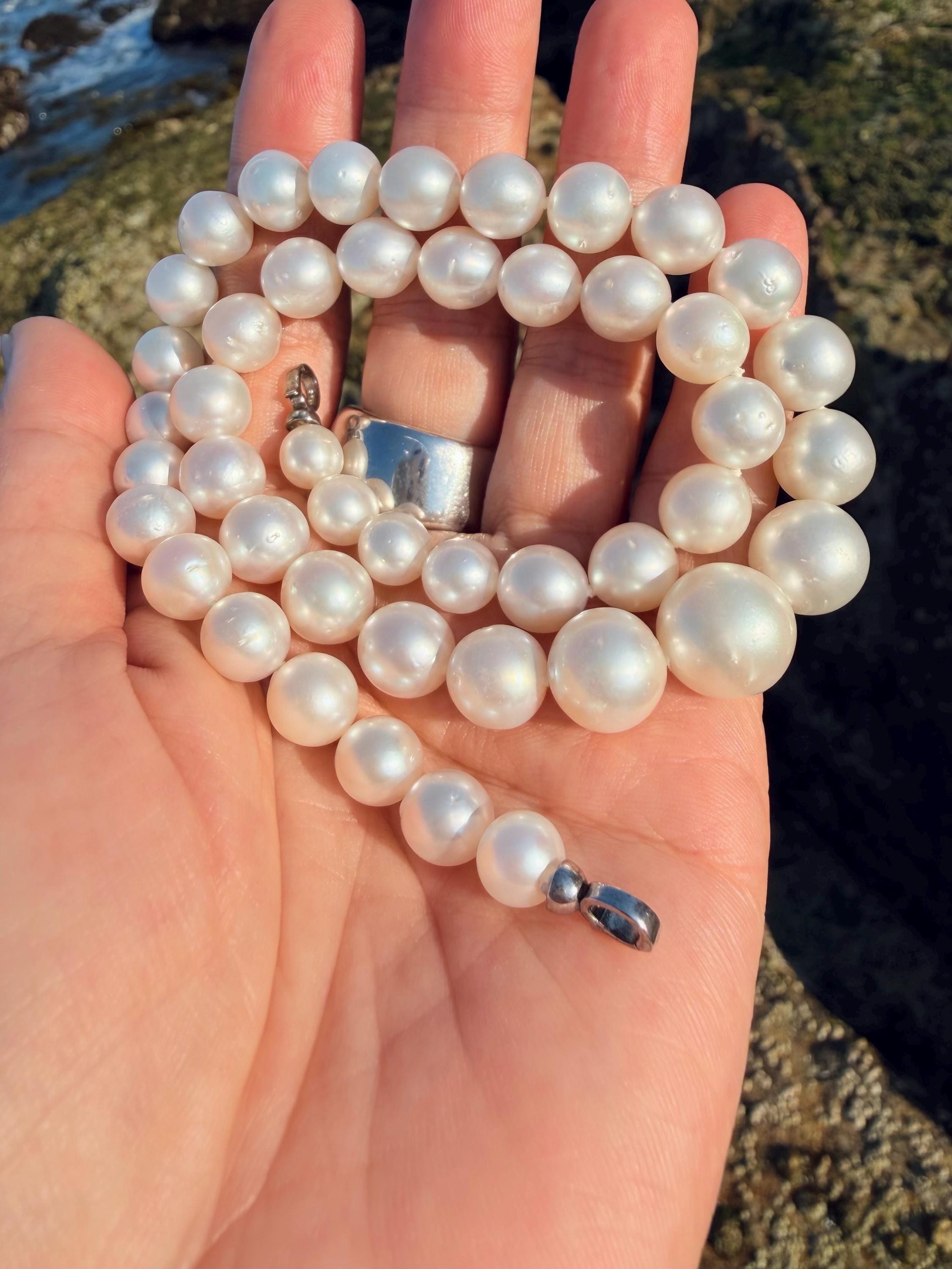 South Sea pearl necklace held in hand with large round white pearls and silver-toned clasp